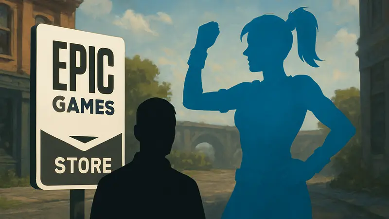 Логотип Epic Games Store и персонаж из Fortnite, символизирующие стратегию продаж и конкуренцию.
