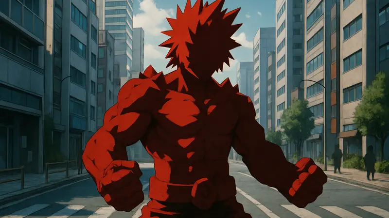 Герой Киришима из Моей геройской академии с активированной причудой "Затвердевание", демонстрирующий прочное тело.