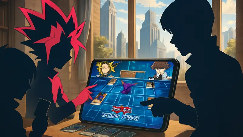 Персонажи Yu-Gi-Oh! Duel Links, играющие в карточную игру на мобильном экране.