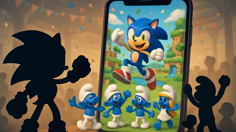 Ёж Соник и персонажи Смурфов празднуют на экране мобильной игры Sonic Rumble Party.