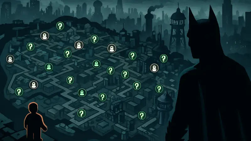 Скриншот интерактивной карты LEGO Batman Legacy Of The Dark Knight, показывающий Аркхэм-Сити.