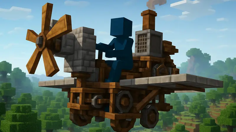 Игрок в Minecraft управляет сложным летающим транспортным средством, построенным с помощью мода Create Aeronautics.