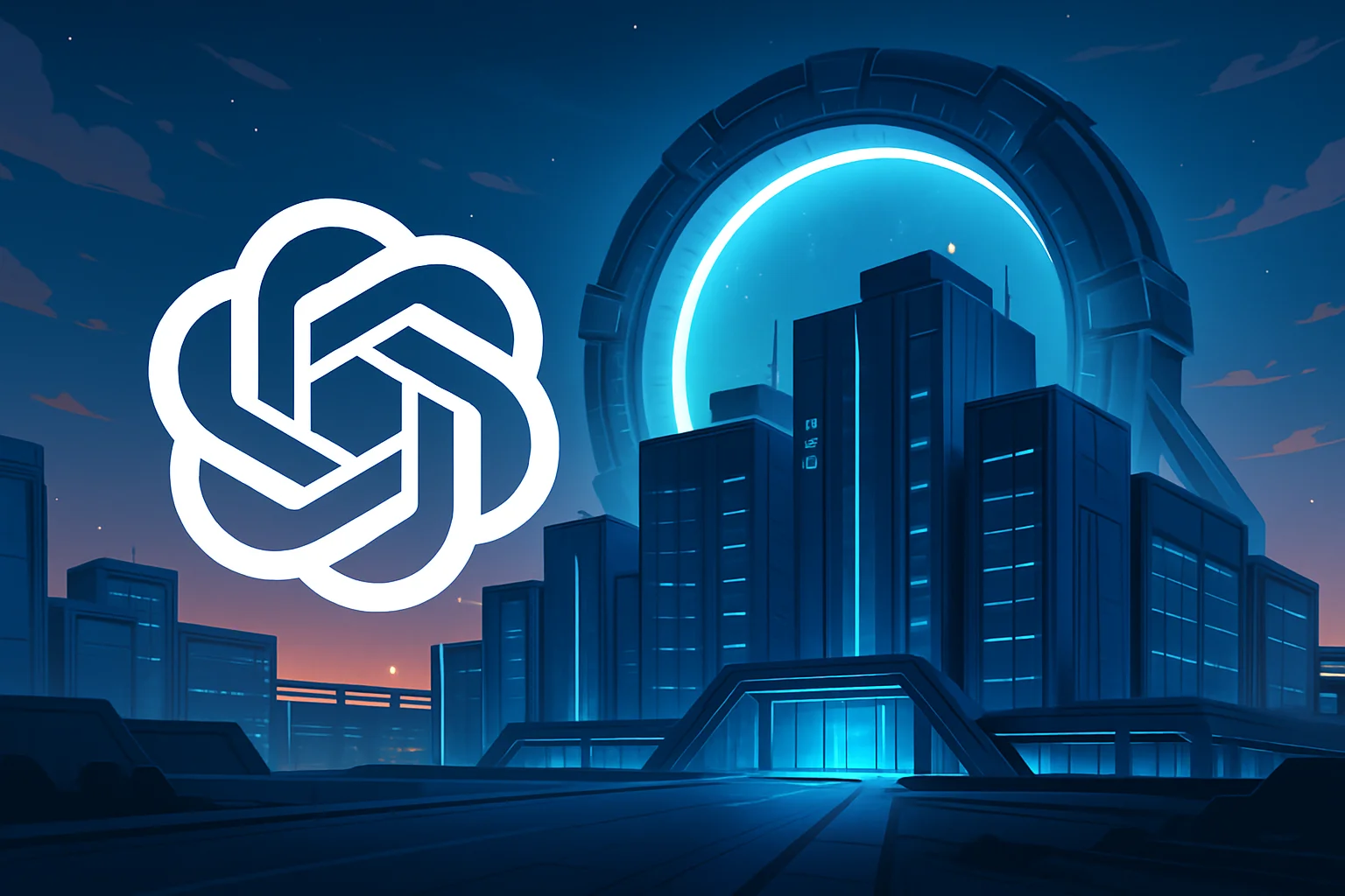 Логотип OpenAI на фоне футуристического дата-центра, символизирующего ЦОД Stargate AI.