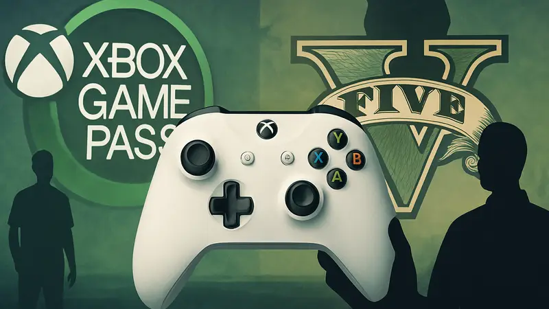 Контроллер Xbox на фоне логотипов Xbox Game Pass и GTA V, символизирующий игры на выходных.