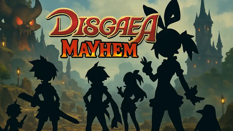 Логотип Disgaea Mayhem на фоне персонажей