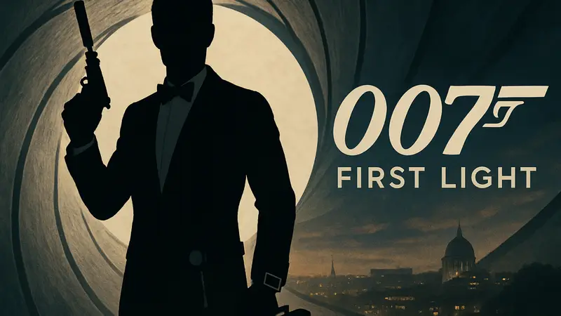 Джеймс Бонд с гаджетами в стиле RPG на фоне логотипа 007 First Light