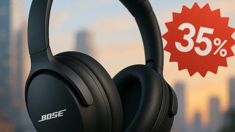 Наушники Bose QuietComfort Ultra чёрного цвета на фоне размытого городского пейзажа, акция скидка.