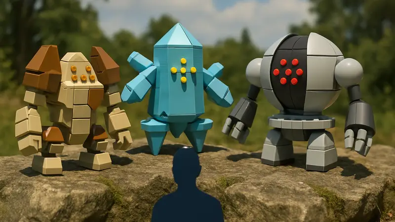 LEGO-модели легендарного трио покемонов Regirock, Regice и Registeel.