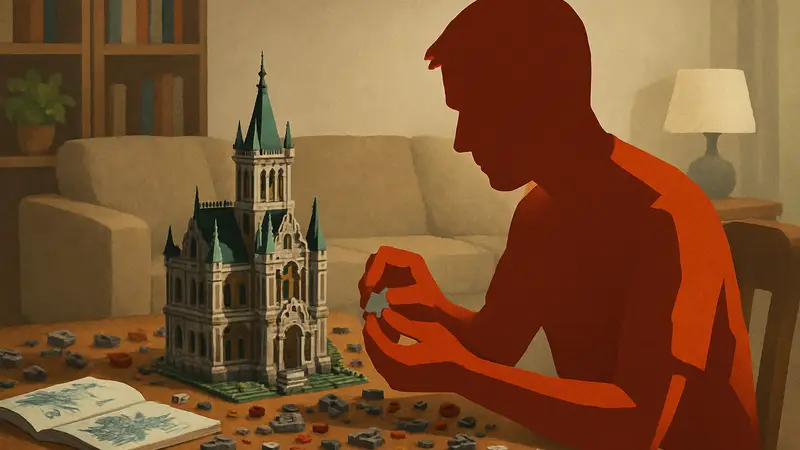 Взрослый фанат LEGO, собирающий сложный конструктор, окружённый деталями