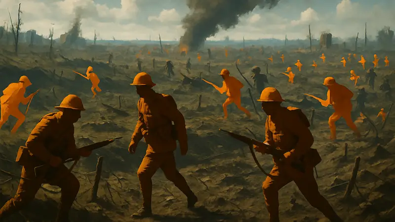 Геймплейный скриншот шутера про Первую мировую войну с множеством игроков на поле боя.