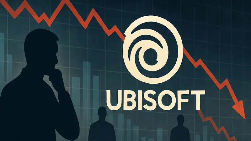 Логотип Ubisoft на фоне падающих финансовых графиков, символизирующих рекордные убытки и проблемы компании.