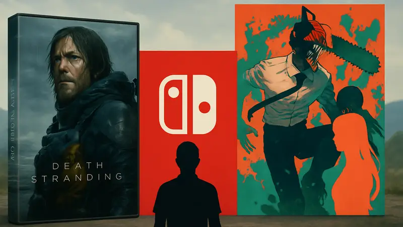 Обложка Death Stranding 2 рядом с логотипом Nintendo Switch и постером аниме Chainsaw Man