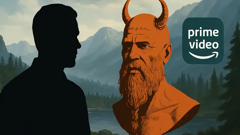 Аластер Дункан, актёр, рядом с изображением Мимира из God of War, логотип Amazon Prime Video.