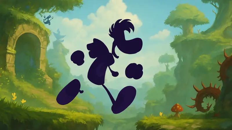 Персонаж Рэйман из игры Rayman Origins бежит по яркому уровню в Enhanced Edition.