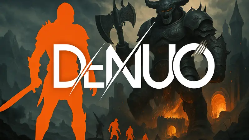 Логотип Denuvo на фоне обложки игры DOOM: The Dark Ages.