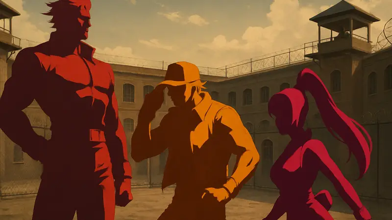 Персонажи King of Fighters XV Омега Ругал, Терри Богард и Май Сирануи в стилистике Lands of Jail.