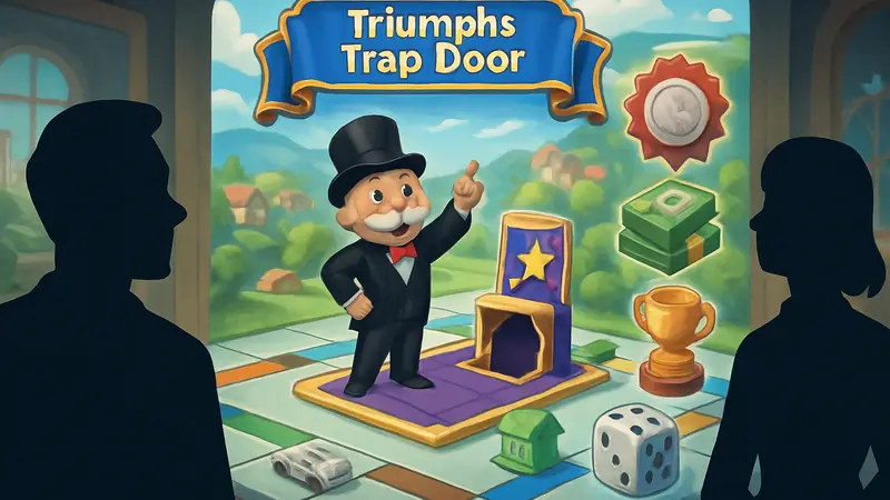 Скриншот Monopoly GO с изображением события "Triumphs Trap Door" и наградами.