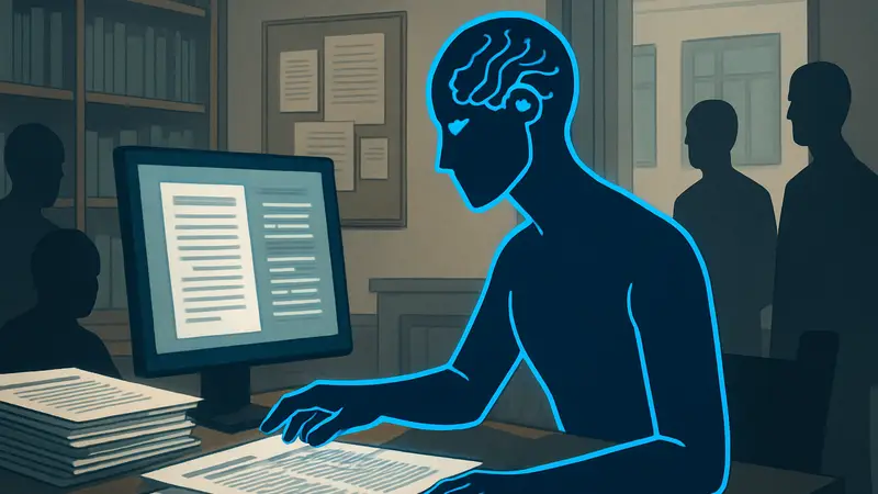 Схематичное изображение искусственного интеллекта, анализирующего научные статьи.