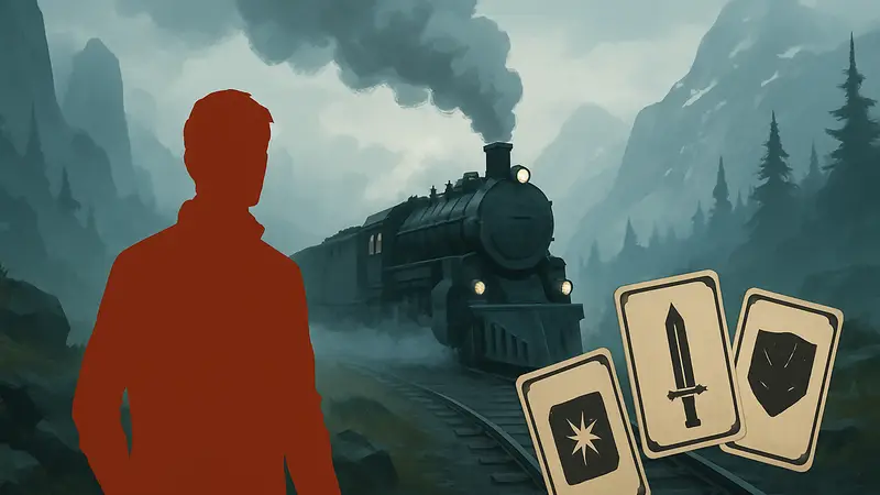 Игровой процесс рогалика Fogpiercer: поезд на фоне таинственного пейзажа, карточки способностей.