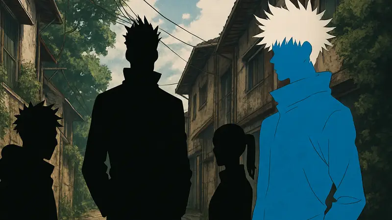 Изображение персонажей из Jujutsu Kaisen, включая Годжо и нового наставника, в стиле манги
