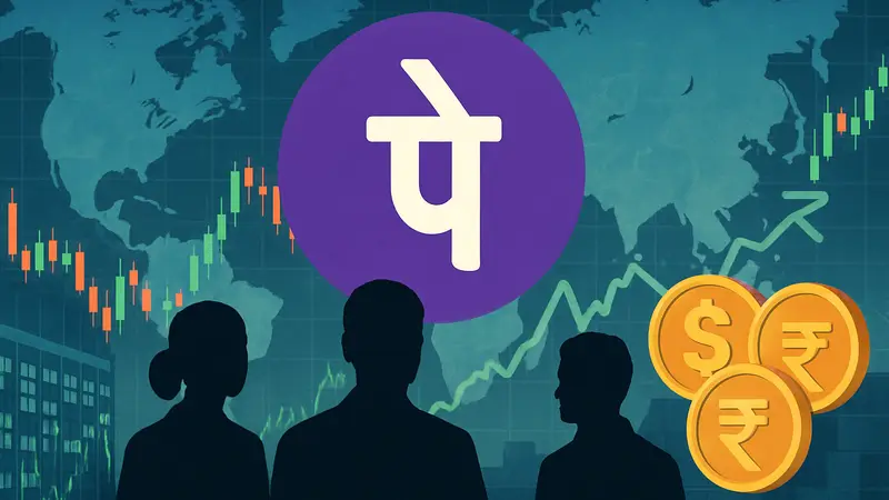 Логотип индийского платежного сервиса PhonePe на фоне глобальных рынков и валют.