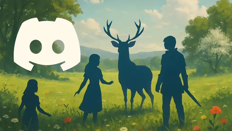 Логотип Discord и персонажи игры Last Meadow Online на фоне весеннего луга