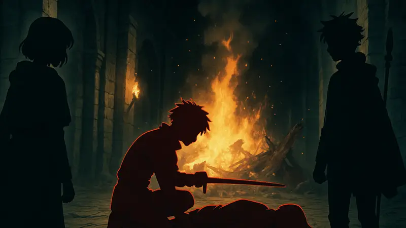 Кадр из аниме Wistoria: Wand and Sword, персонажи в напряжённой или тёмной сцене 2 сезона