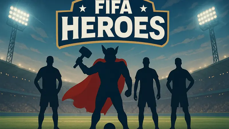 Логотип FIFA Heroes с Тором и футбольными звёздами на футбольном поле
