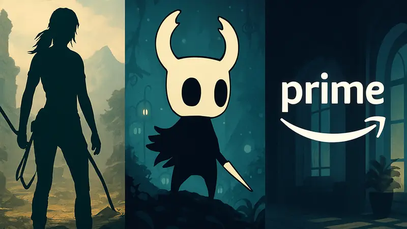 Логотип Amazon Prime Gaming с изображениями Tomb Raider и Hollow Knight
