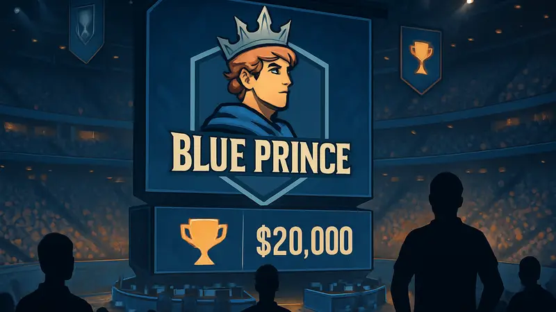 Логотип Blue Prince на фоне киберспортивной арены, с символикой турнира и призового фонда.