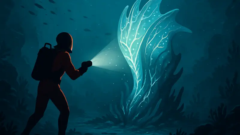 Игровой персонаж осматривает Ангельский Гребень под водой в Subnautica 2, светя фонариком.