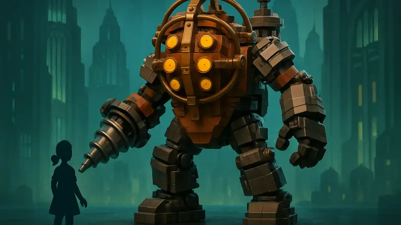 LEGO-модель Биг Дэдди из игры BioShock с буровой установкой и характерным шлемом.