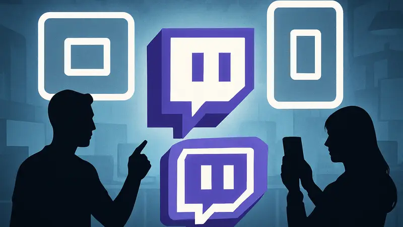 Логотип Twitch на фоне значков горизонтальной и вертикальной ориентации. Twitch Dual Format.