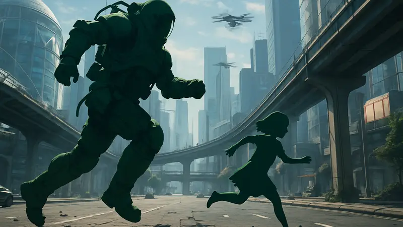 Игровой скриншот Pragmata, демонстрирующий футуристический мир и персонажей в движении