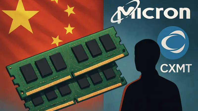 Модули оперативной памяти DRAM на фоне китайского флага и логотипов Micron и CXMT.