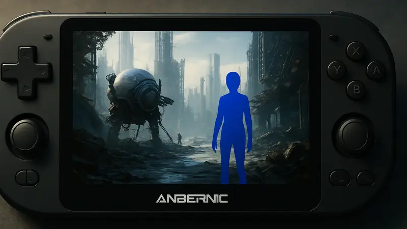 Изображение портативной игровой консоли Anbernic RG Vita с запущенной игрой Pragmata на экране