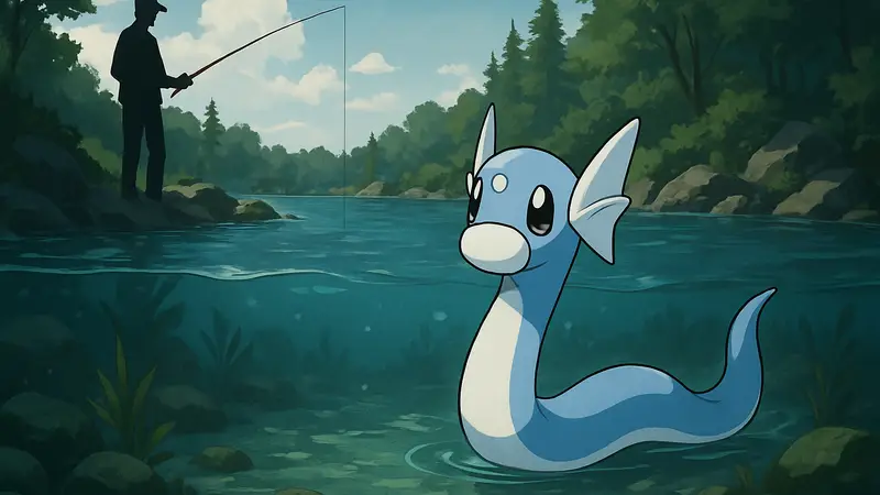 Покемон Дратини плывёт в водоёме, гайд по поимке в Pokémon FireRed и LeafGreen