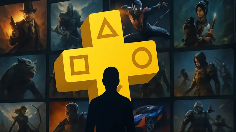 Логотип PlayStation Plus на фоне обложек игр для PS4 и PS5, символизирующий каталог подписки.