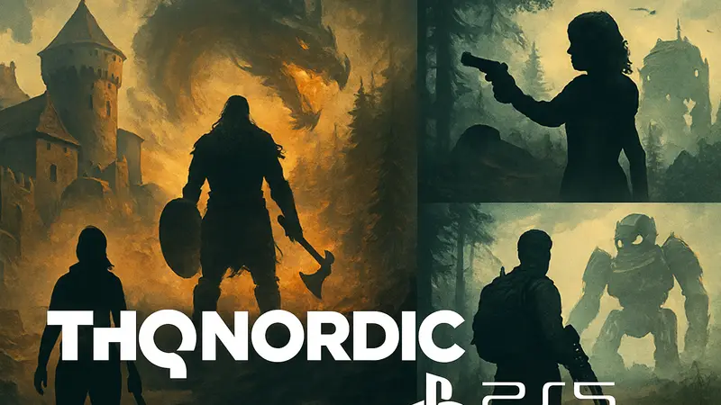 Логотип THQ Nordic и PlayStation 5 на фоне коллажа из AA-игр, анонсированных на презентации.