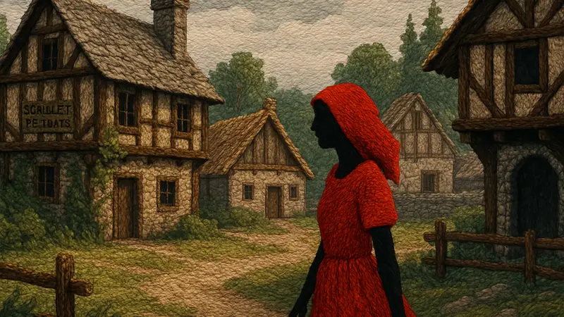 Скриншот из игры Scarlet Deer Inn, выполненной в стиле вышивки ручной работы, с изображением персонажа в средневековой деревне.