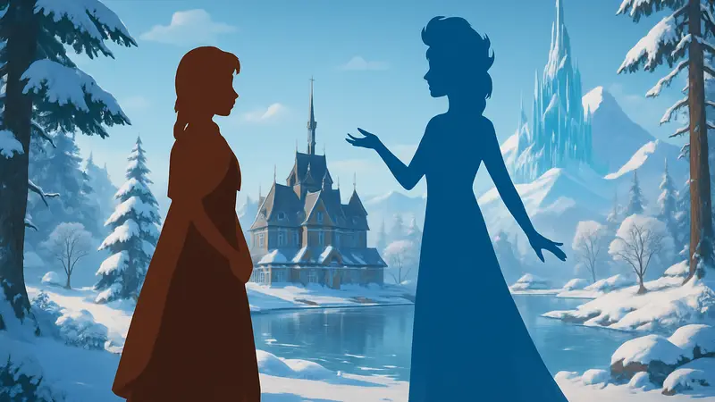 Скриншот из Disney Dreamlight Valley с персонажами из "Холодного Сердца", Эльзу и Анну, на фоне зимнего пейзажа.