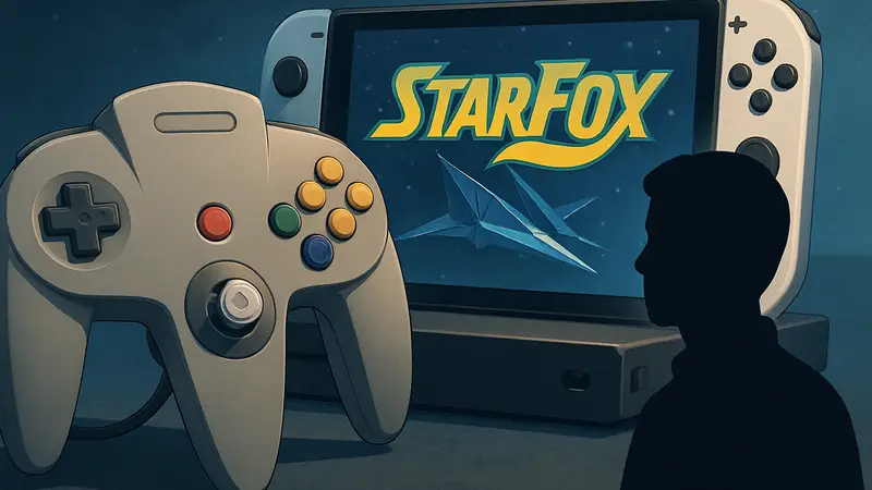 Игровой контроллер Nintendo 64 на фоне консоли Nintendo Switch 2 и логотипа Star Fox.