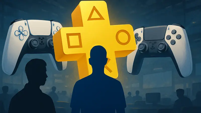 Логотип PlayStation Plus и игровые контроллеры, символизирующие подписку.