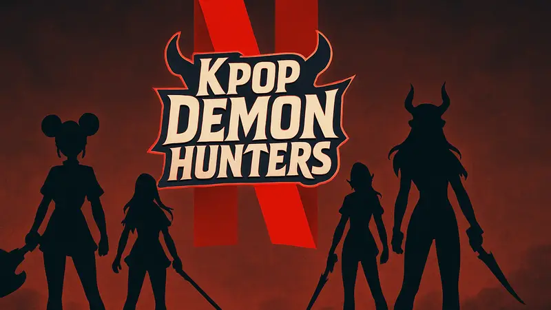 Логотип KPop Demon Hunters на фоне логотипа Netflix, с силуэтами персонажей.