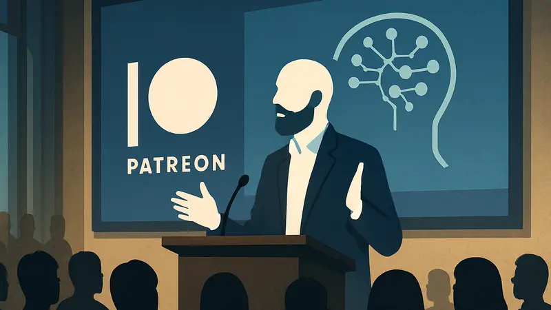 Джек Конте, CEO Patreon, выступает на конференции, говоря о правах авторов и справедливой оплате за контент в эпоху ИИ.