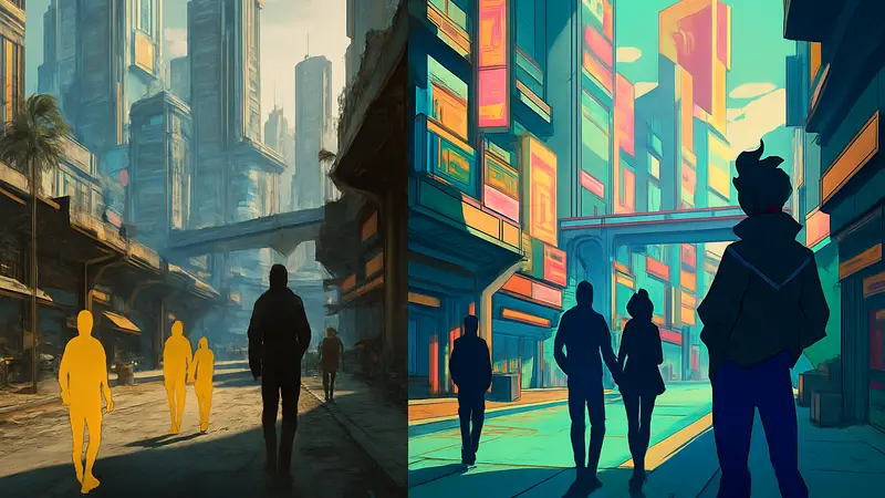 Сравнение улиц Найт-Сити из игры Cyberpunk 2077 и аниме Cyberpunk: Edgerunners, показывающее детализацию.