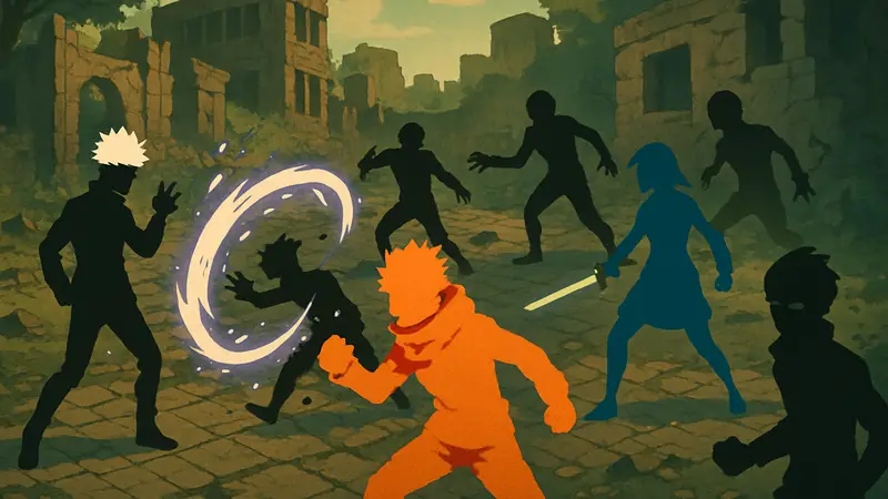 Персонажи из аниме Jujutsu Kaisen, стилизованные под игру Vampire Survivors, сражаются с врагами