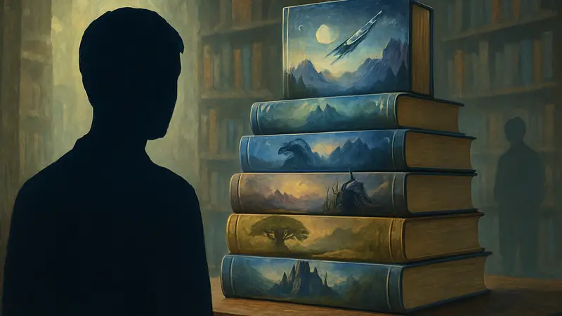 Стопка фантастических и фэнтезийных книг, возможно с обложками новых релизов