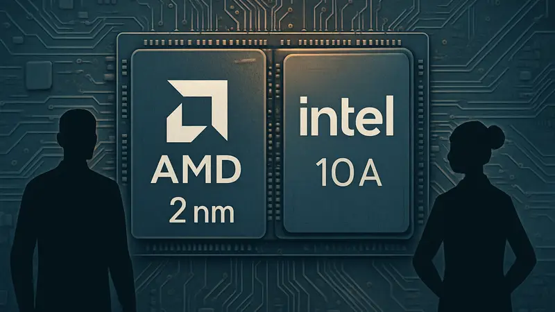 Логотипы AMD и Intel на фоне микросхемы, символизирующей новые процессоры 2 нм и 10A.