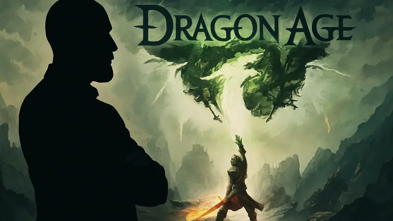 Марк Дарра, продюсер Dragon Age, на фоне логотипа игры.